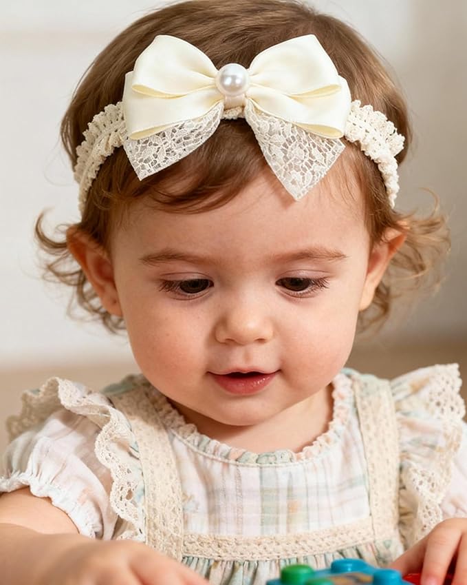 Handmade Baby Girl Headbands in Beige Baby Bows and Floral Lace Headband Bows for Newborns and Toddlers Cute Baby Girl Bows and Newborn Headband Bows