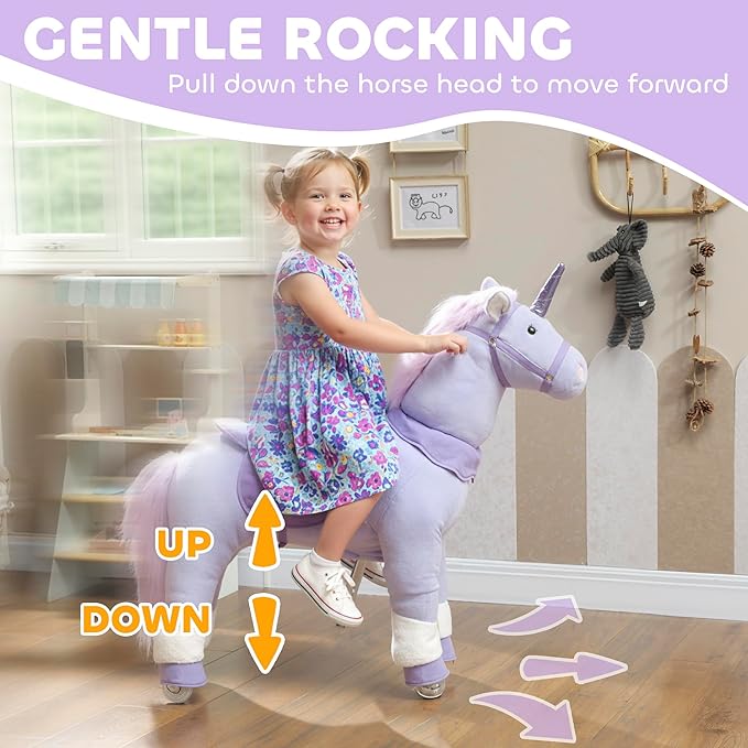 Qaba Ride on Horse for Kids 4-7 Years, 37.8 Inch Height Plush Riding Unicorn, Walking Horse Animal with Rolling Wheels for Active Play, No Batteries Required, Purple