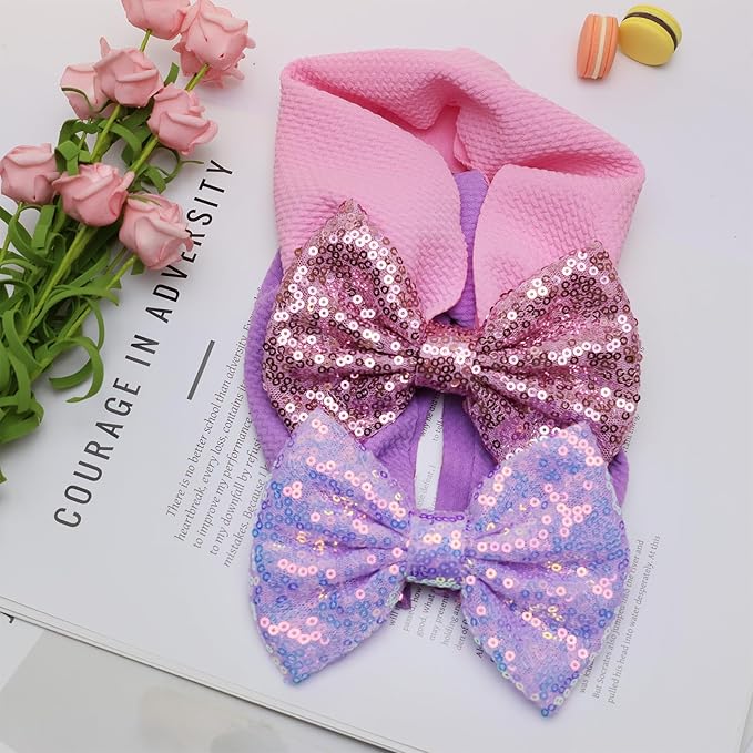 Hairband, 7" Sequin Bow Baby Headbands - Purple & Pink, Elastic Wide Hairbands for Baby Girls Newborn and Infant Hair Accessories Gift, One Size Fits All, Soft, 1 Set of 2 Pieces