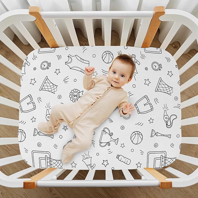 Fitted Crib Sheets Basketball Sport Stretchy Portable Playard Sheets for Baby Toddler, Breathable Soft Mini Crib Mattress 39 x 27 in for Boys and Girls