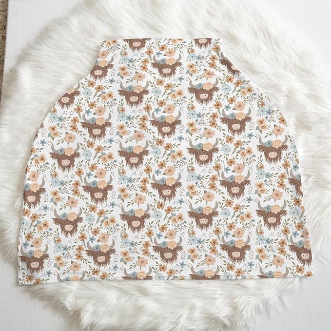 5-in-1 Unisex Western Farm Cow Flowers Pattern Baby Carseat Stroller Cover for Boys Girls, Highland Cow Floral Infant Toddler Privacy Nursing Breastfeeding Canopy, Grocery Shopping Cart Cover-24x28