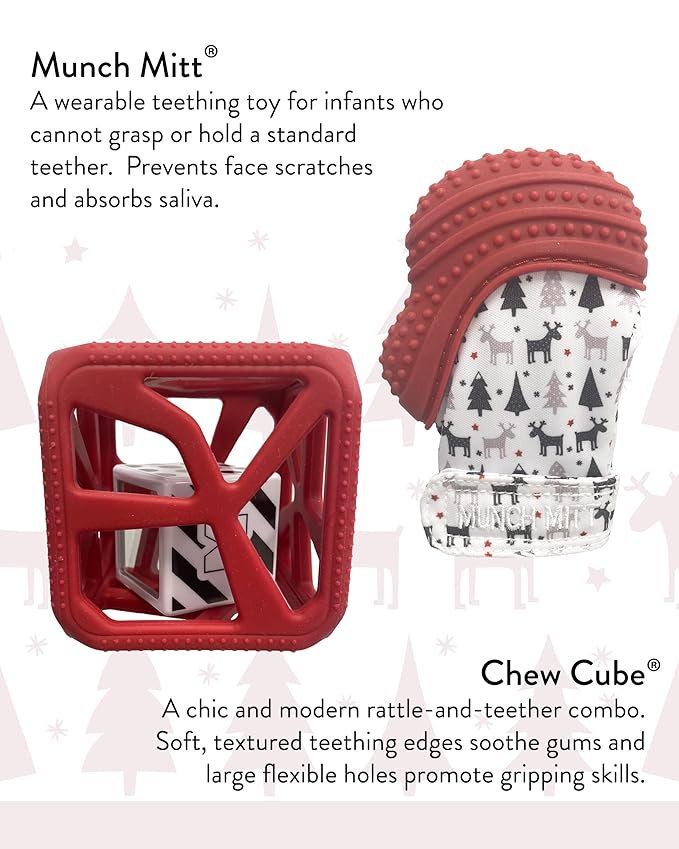 Malarkey Kids Holiday Gift Pack: Munch Mitt and Chew Cube Duo - Perfect Teething Treats for Babies and Toddlers - Red