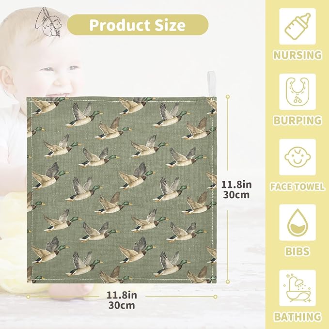 Newborn Face Towel Mallard Ducks Soft Cotton Baby Washcloths 11.8 x 11.8 Inch Infants Girls Boys Muslin Burp Cloths 5 Pack