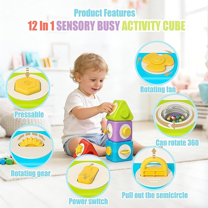 Activity Cubes & Stacking Toy Blocks Set of 4,12-in-1 Montessori Toys for 1-2 Years Old,Educational Activities Sensory Travel Toys for Airplane & Car, Perfect Birthday for Toddlers