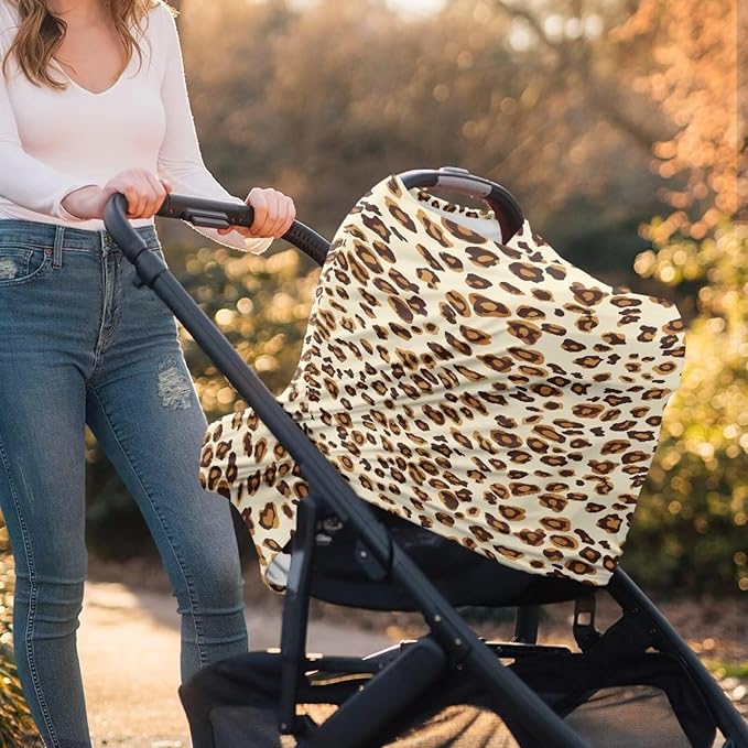 Forchrinse Beige Leopard Car Seat Cover for Babies Soft Breathable Breastfeeding Nursing Cover Elastic Infant Carseat Canopy Stroller Cover