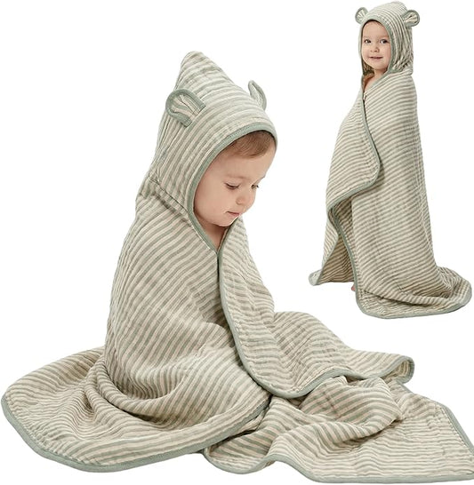 Ultra-Soft Muslin Toddler Hooded Towel – 55 x 28 Inches, Made with Organic Cotton, Gender-Neutral Sage Green Striped Jacquard Pattern, Ideal for Bath & Beach, Newborn to Toddler