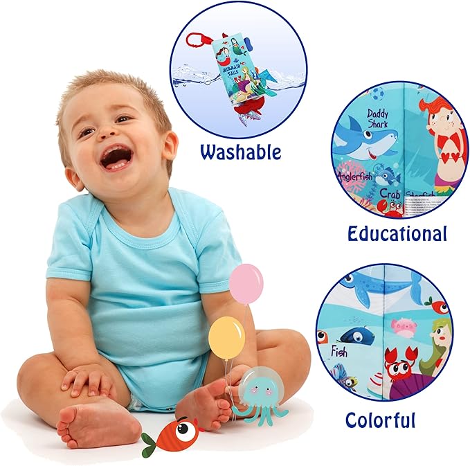 bebe mondo Fish Baby Books Toys 0-6-12-18 Months,Touch Feel Crinkle Soft Cloth Books for Babies Infant Newborn, Baby Girl Boy Shower Toys,Teething Teethers,Stroller Toy-Mermaid