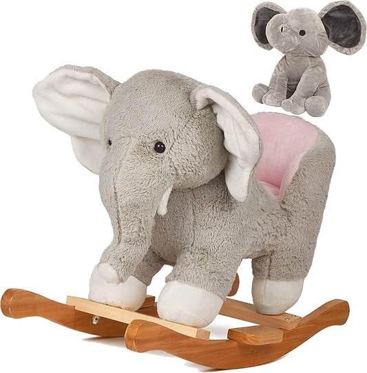 Baby Rocking Horse Wooden Rockers with Seat Elephant Rocking Horse Ride Plush Stuffed Animals Toy for Toddlers 1-3 (Gray，Elephant)