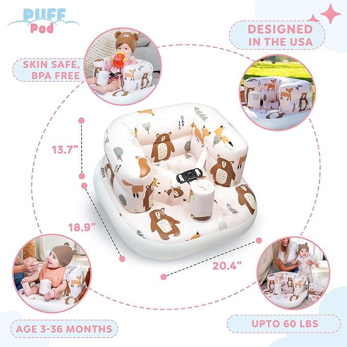 Inflatable Chair for Baby with Safety Harness, Built-in Pump & Non-Slip Base – Infant Sit Up Seat for 3-36 Months, Portable Blow Up Baby Chair for Travel, Easy to Clean