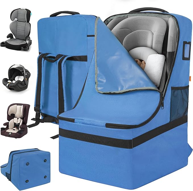 IBVIVIC Car Seat Travel Bag Heavy Duty Car Seat Bag for Airplane Gate Check Car Seat Backpack with Shoulder Strap, Blue