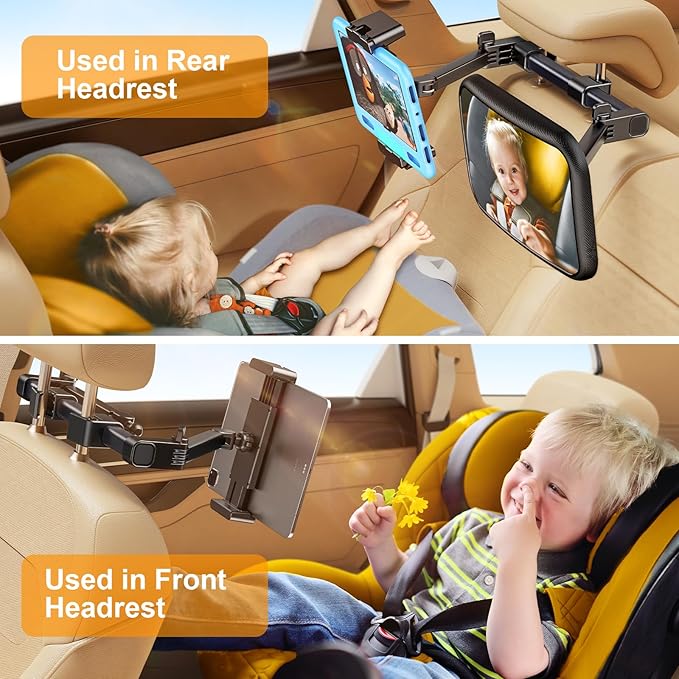 TAZENI Baby Car Mirror, 2 in 1 Car Mirror for Baby with Tablet Holder for Headrest, Safety Original Clarity for iPad Holder Mount, New Born Essentials, Crash Tested & Certified