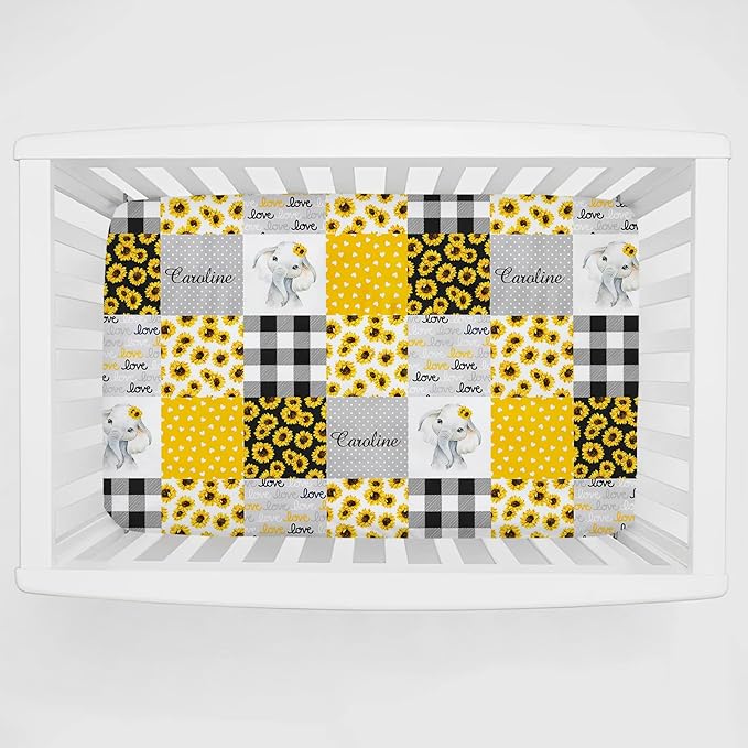 Personalized Pack and Play Sheets with Name, Custom Name Baby Mini Crib Sheets for Baby Boys Girls, Name Pack n Play, Fitted Sheet with Name, Soft and Breathable Material (Sunflower Elephant)