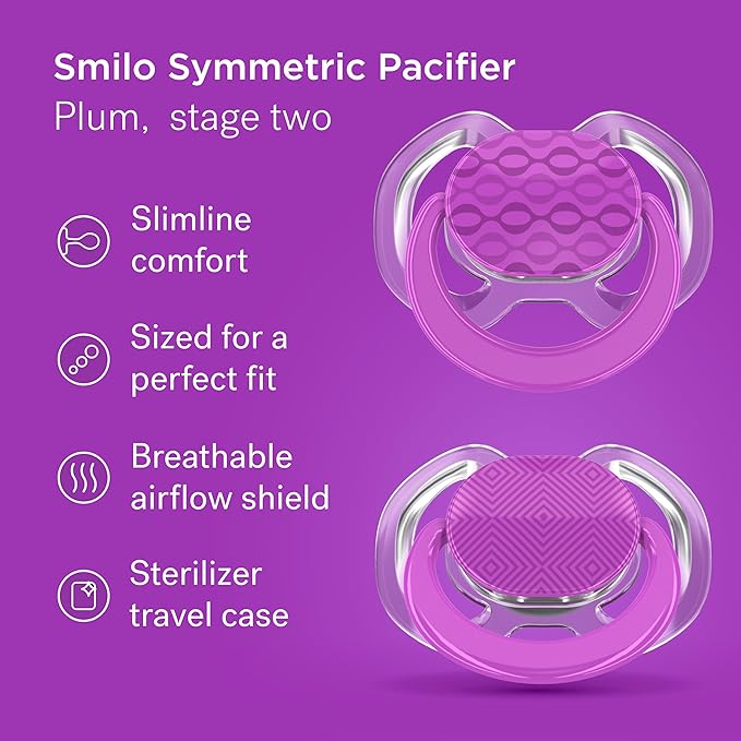 Smilo Baby Pacifier - 2 Pack of Slimline Pacifiers for Babies with Sterilization Box - Stage 2 for Babies 3-9 Months - 100% Silicone Newborn Pacifiers BPA Free - Plum Purple