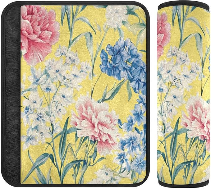 Car Seat Belt Pads Covers Set of 2 Breathable Backpack Shoulder Strap Pad Cover for Women Men Kids M Florals Carnation Delphinium Flower Yellow