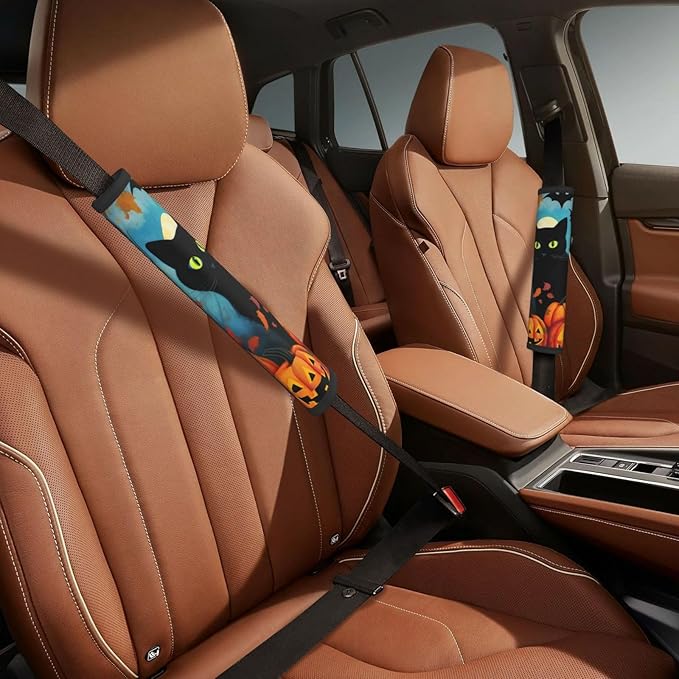Black Cat Seat Belt Cover Fits Cars Trucks SUV Sedans Air Permeability Car Seatbelt Strap Cover, Halloween Pumpkin Autumn Auto Interior Accessories Protector