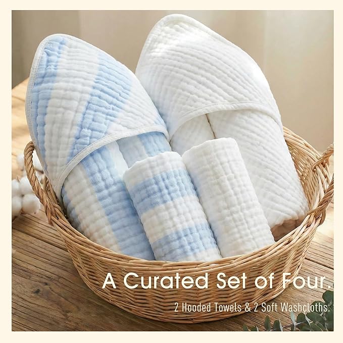 Muslin Hooded Baby Towel 4 Pack, 100% Organic Premium Cotton, (2) 6-Layer 32x32 Bath Towels & (2) Washcloths, Soft Newborn & Infant Gift Set (Blue Stripe & White)