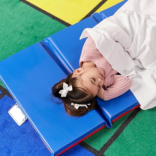 ECR4Kids Premium Folding Rest Mat, 4-Section, 2in, Sleeping Pad, Blue/Red