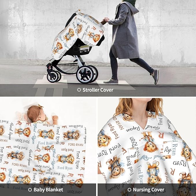 Personalized Baby Car Seat Canopy Minky Lion Baby Blanket Custom Name Baby Car Seat Cover Girls Boys Infant Newborn Carseat Canopy Nursing Cover for Stroller Car Seat Canopies