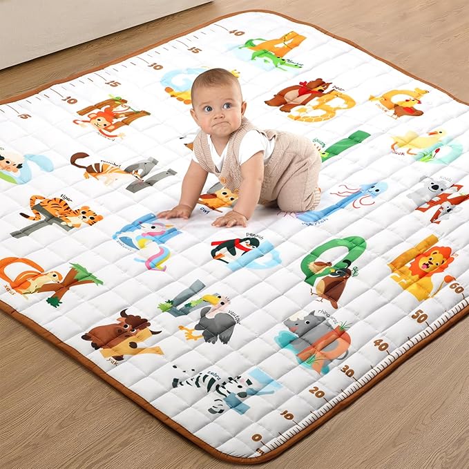 Percozzi Animal Baby Play Mat, ABC Alphabet, Words and Shapes Educational Learning & Fun, 50" X 50" Baby Playpen Mat, Animal Toddler Play Mat, Crawling Mat for Babies, Foldable Baby Play Gym Mat