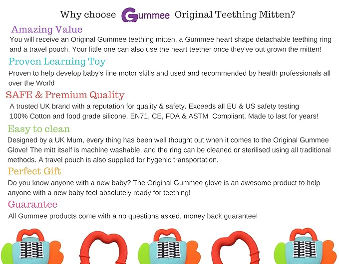 Gummee Glove Baby Teething Mitten 6 Months + Premium Quality Detachable Teether Ring and Travel Bag - Turquoise - Undroppable - Soothe Babies Painful Gums Naturally