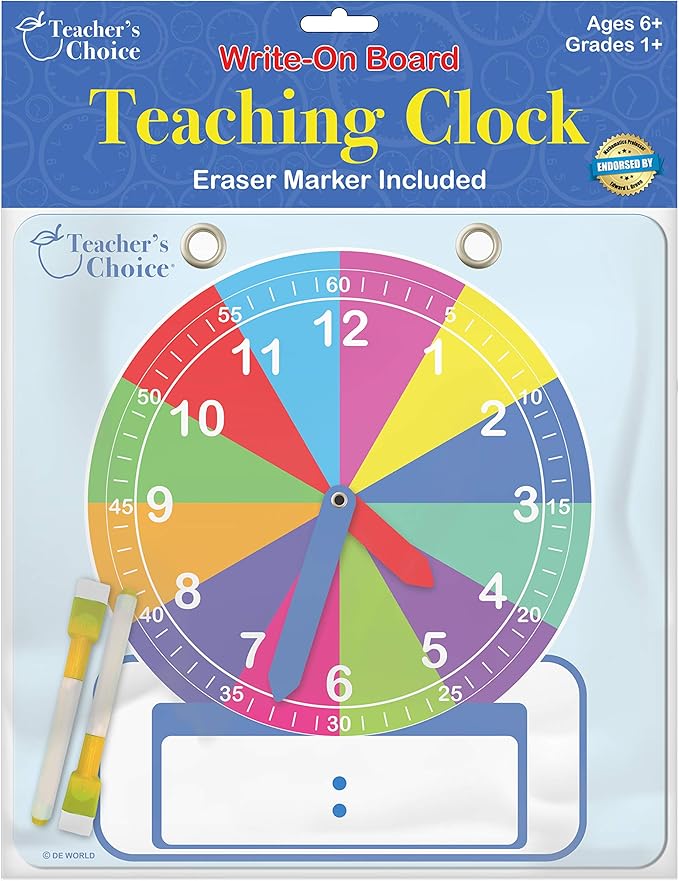 Teacher's Choice Writable Dry Erase Learning Clock | Large 12" Demonstration Teaching Time Practice Clock with Dry Erase Writing Surface | Marker Included | (Rainbow)