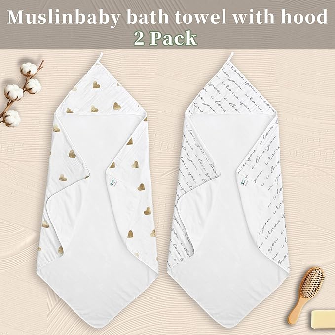 VOOVA & MOVAS 2Pack Neutral Baby Gifts - 100% Muslin Cotton Infant Hooded Beach Bath Towels,2 Layer, Thick, Durability, Absorbent Large for 0-18 Months, Golden Love & Grapheme Love Pattern