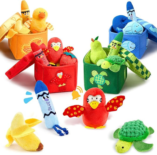 JoyCat Montessori Baby Toys 6-12 Months, 12 PCS Sensory Color Sorting Boxes with Animal Fruit Crinkle Crayon Pushies, First Learning Toys for 1 Year Old Baby Toys 0-12 Months