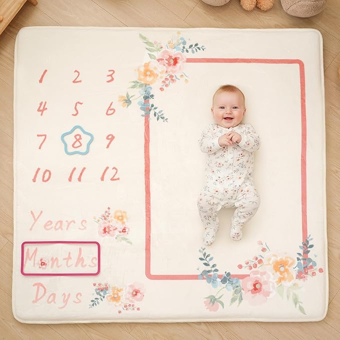 1.3" Thick Playmat for Floor, 50 x50 Monthly Milestone Mat, Padded Support Soft Plush Nursery Mats for Crawling Kick Activity, Flannel Photography Background Prop for Grils