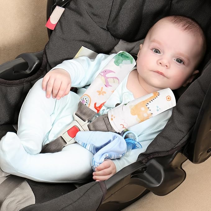 Baby Car Seat Strap Pads, Car Seat Strap Shoulder Covers for Baby Infant Toddler, Double-Sided Car Seat Belt Covers for Stroller/Pushchair/Baby Swing, Soft Flannel, Dinosaur