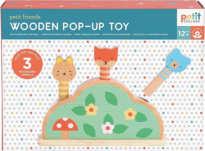 Petit Collage: Petit Friends Wooden Pop-Up Toy - FSC Wooden Toy with 3 Cute Woodland Characters - Perfect for Ages 1+