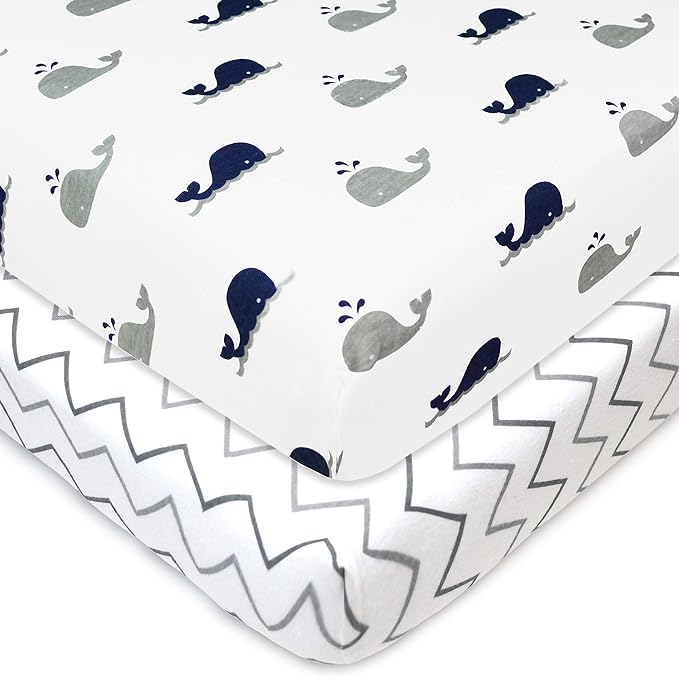 TL Care 2 Pack 100% Natural Cotton Fitted Pack and Play Sheets 39" x 27" - Soft & Breathable Pack N Play Sheets for Playard & Mini Crib Mattress, Navy Whale/Gray Zigzag, for Boys & Girls