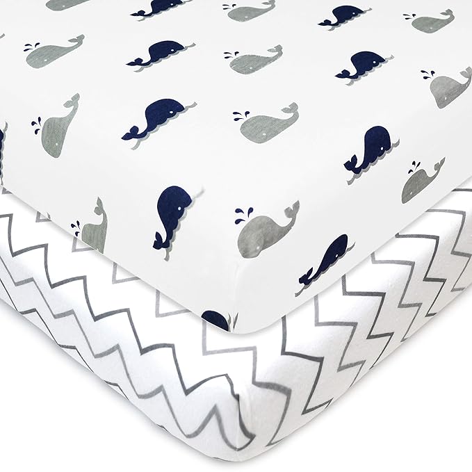 American Baby Company 2 Pack 100% Natural Cotton Fitted Pack and Play Sheets 39" x 27" - Soft & Breathable Pack N Play Sheets for Playard & Mini Crib Mattress, Navy Whale/Grey Zigzag, for Boys & Girls