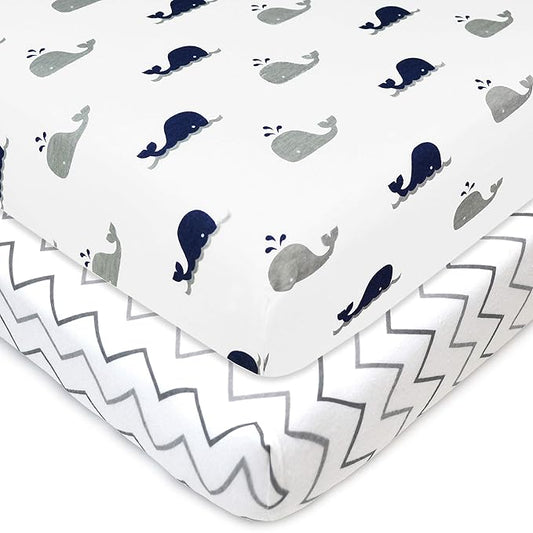 American Baby Company 2 Pack 100% Natural Cotton Fitted Pack and Play Sheets 39" x 27" - Soft & Breathable Pack N Play Sheets for Playard & Mini Crib Mattress, Navy Whale/Grey Zigzag, for Boys & Girls