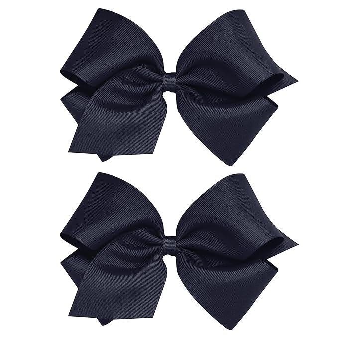 Wee Ones Girls 2 Pack Grosgrain Hair Bows with Plain Wrap Centre on a Wee Stay No Slip Clip, King, Navy
