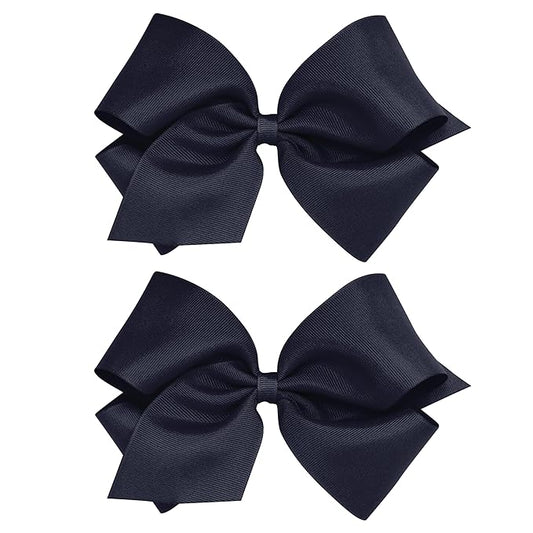 Wee Ones Girls 2 Pack Grosgrain Hair Bows with Plain Wrap Centre on a Wee Stay No Slip Clip, King, Navy