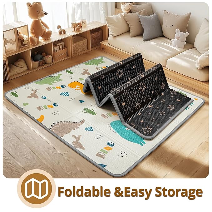 Foldable Baby Play Mat, PIGLOG 50" x 50" Waterproof Playmat for Playyards for Babies, Safe Foam Playmat for Tummy Time, Reversible Playmats, Portable Floor Mat for Infant, Toddler，Yellow Dinosaurs
