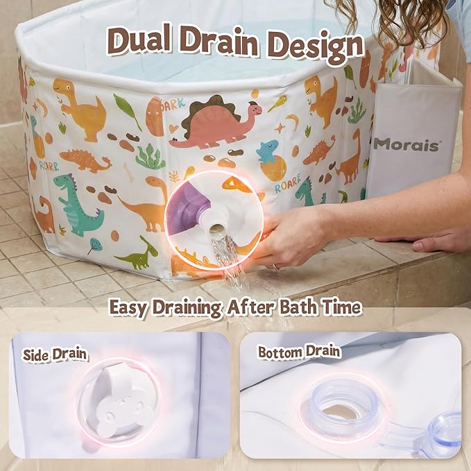 MORAIS Toddler Bathtub Collapsible & Portable, Foldable Baby Bath Tub for Shower & Travel, Dual Drain Plug with Thick Padded Bottom, Easy to Clean, Space-Saving Tub, 12 Months+