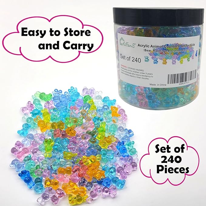 Counting Bears and Bunnies,240 Pieces Counter Toys for Kids - Fun Educational Math Manipulatives with Storage Box for Counting & Learning