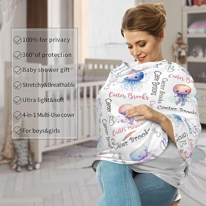 Personalized Baby Car Seat Cover with Name Stroller Canopy Custom Jellyfish Carseat Cover Newborn Baby Boy Girl Nursing Cover for Moms First Birthday Gift