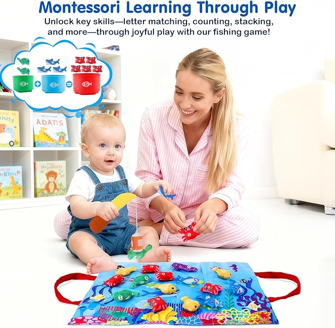 Montessori Toys for 1-2 Year Old - Cloth Ocean Fishing Game with Stacking Cups, Toddler Learning Toy for 12-18 Months, First Birthday Gifts for 1 Year Old Boy Girl, Learn Count and Sort Colors
