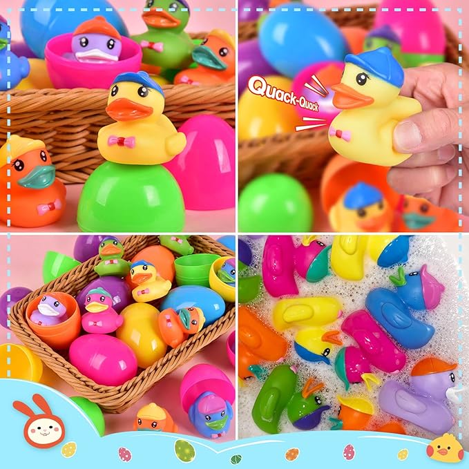 12 PCS Prefilled Easter Eggs with Rubber Duck Toys, Easter Basket Stuffers, Easter Egg Fillers, Bath Toy Squirters, Bathtub Toys for Kids