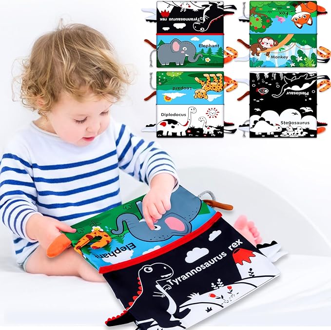 Aboosam Tummy Time Baby Mirror Toys 0-6 6-12 Months - Montessori Infant Toys Brain Development with Crinkle Cloth Book and Teether - High Contrast Newborn Sensory Toys for Babies Boys Girls Gifts