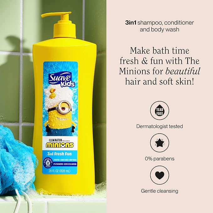 Suave Kids Minions 3-In-1 Shampoo, Conditioner, and Body Wash, For Tear-Free and Gentle Cleansing, 28 oz(Pack of 4)