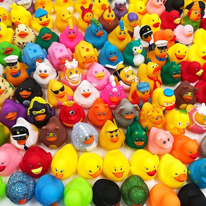 Assorted Rubber Duckies for Kids and Toddlers Cute Duck Bath Tub Pool Toys in Multiple Characters, Fun Carnival, Bath Birthday Gifts Baby Showers Classroom Incentives and Summer Beach, 2" (10-Pack)