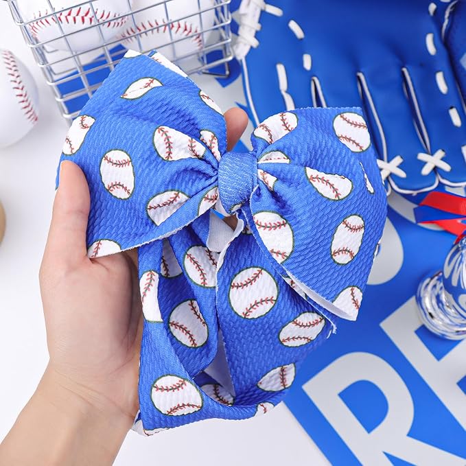 7'' Large Baseball Baby Girl Bows Soft Nylon High Stretchy Headbands for Girl Blue Tied Hairbands with Bows Hair Accessories for Infant Newborn