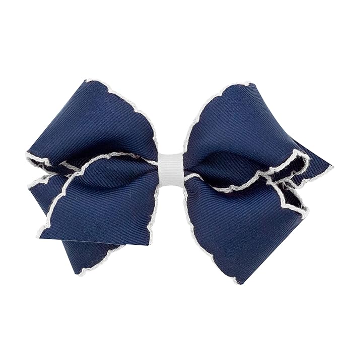 Wee Ones Girls' Classic Grosgrain Moonstitch Edge Hair Bow, No-Slip Hair Clip, Handmade, Navy with White, Small