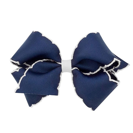 Wee Ones Girls' Classic Grosgrain Moonstitch Edge Hair Bow, No-Slip Hair Clip, Handmade, Navy with White, Small