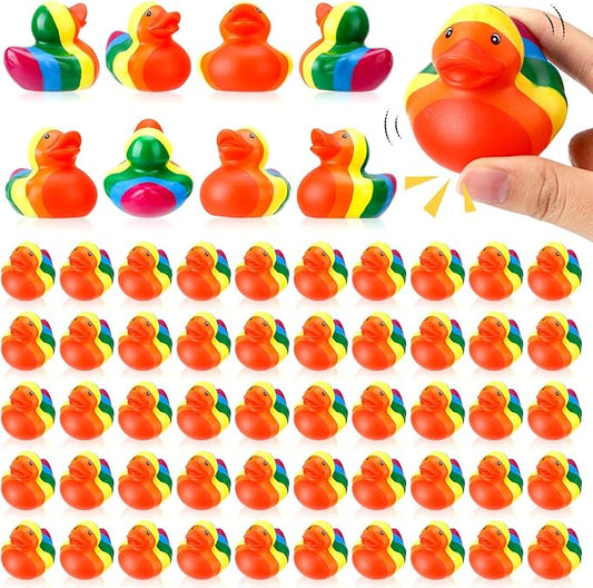 50 Pcs Rubber Rainbow Duck,Squeak and Floating Duckies Bulk,Mini Rubber Figurines Rainbow Ducks for Shower Birthday Gifts LGBT Party Favors