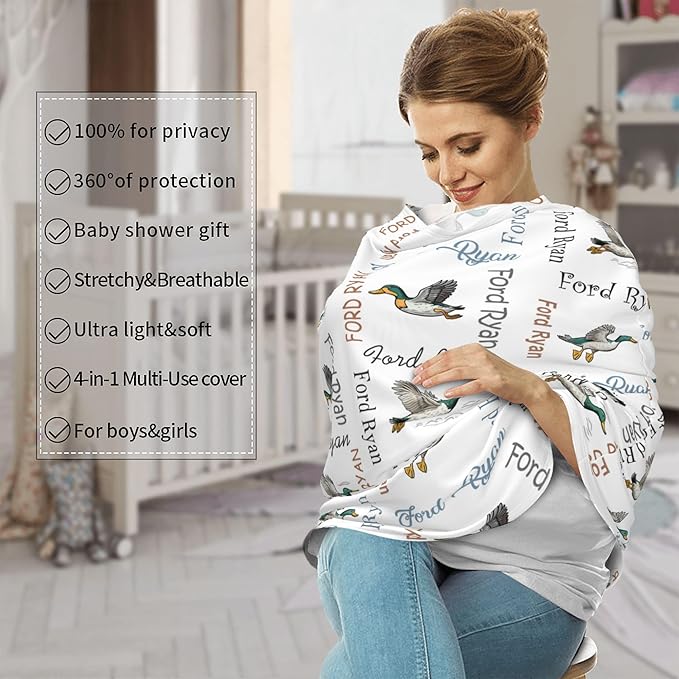 Personalized Car Seat Covers with Name, Mallard Duck Baby Canopy Carrier Cover, Breathable Breastfeeding Nursing Cover, Stretchy Multi-Use Infant Carseat Stroller Cover
