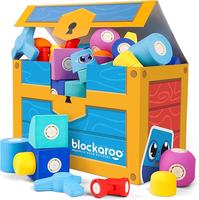 Blockaroo Magnetic Foam Bath Building Blocks - 50-Piece Trunk Set, Preschool Toys, Bathtub Toys, Sensory Toys, Engineering Toys for Kids 3-5